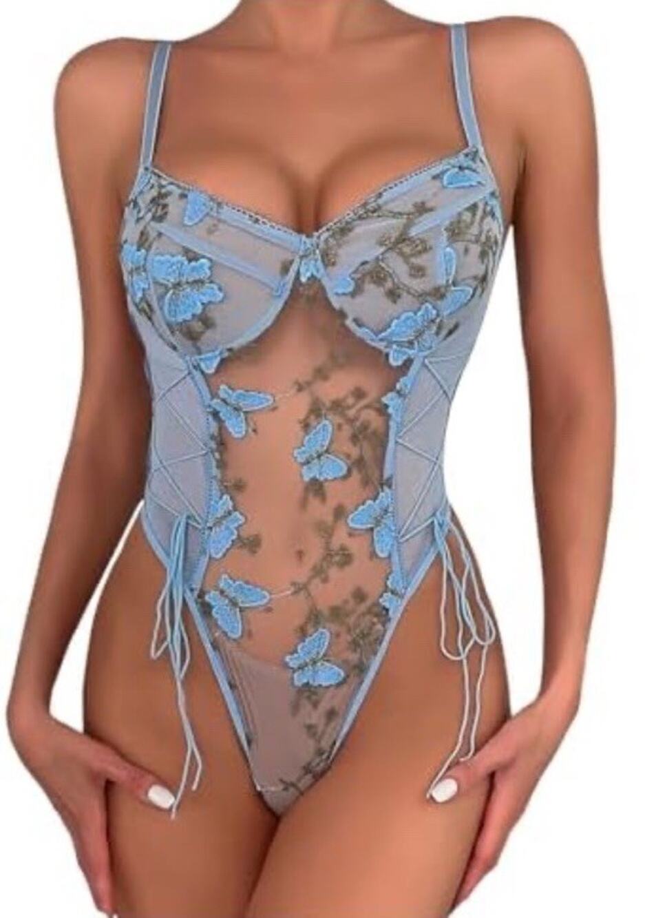 Sexy Butterfly Embroidered Mesh Lace-Up Teddy Bodysuit Blue Floral Size Small